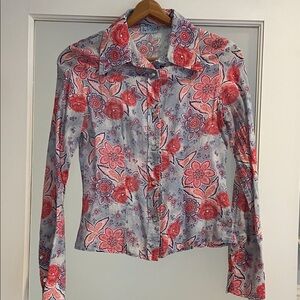 Floral Button-Up Blouse - Red and Blue
